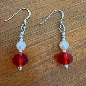 Faceted Red Crystal & Pearl Handmade Earrings on 925 Sterling Silver Hooks